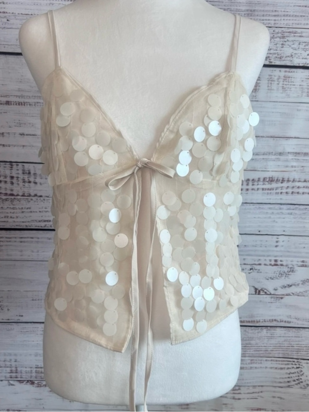 Sequin Tie-Front Camisole in Cream